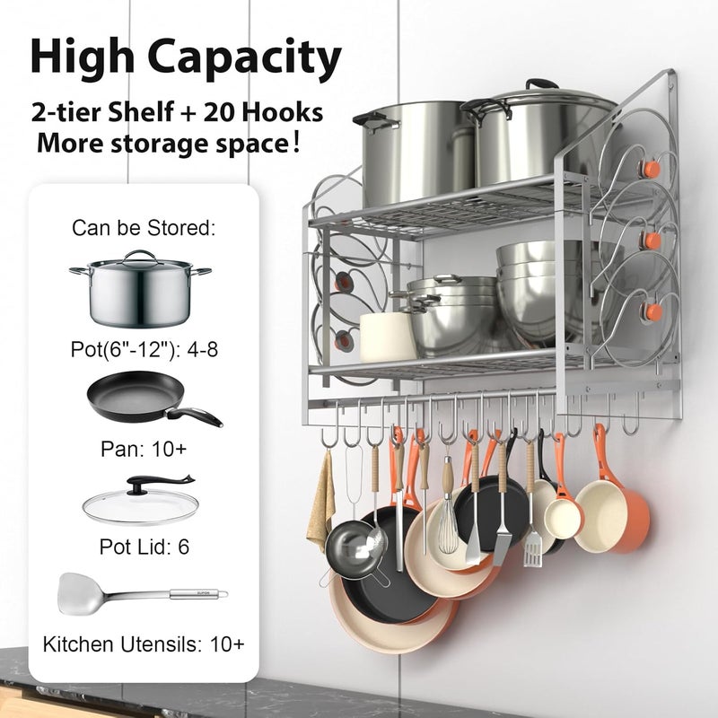 VyGrow 28 Inch Pot Rack Wall Mounted, 2 Tier Pots and Pans Organizer with 20 Hooks and 6 Pot Lid Holders, Heavy Duty Steel Pot and Pan Hanger for Kitchen Cookware Utensils Storage, Silver - Image 3